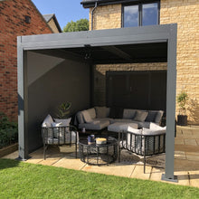 Load image into Gallery viewer, Welcome to our most luxurious pergola. Our Whichford comes fully equipped with four manual blinds, around all sides to perfectly fit our pergolas. The aluminium frame provides a sturdy and rust free design, in addition to this it comes with a manual louvre roof. 
