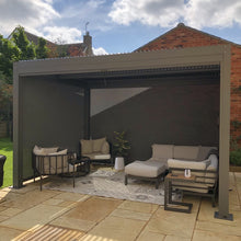 Load image into Gallery viewer, Welcome to our most luxurious pergola. Our Whichford comes fully equipped with four manual blinds, around all sides to perfectly fit our pergolas. The aluminium frame provides a sturdy and rust free design, in addition to this it comes with a manual louvre roof. 
