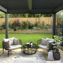 Load image into Gallery viewer, Welcome to our most luxurious pergola. Our Whichford comes fully equipped with four manual blinds, around all sides to perfectly fit our pergolas. The aluminium frame provides a sturdy and rust free design, in addition to this it comes with a manual louvre roof. 
